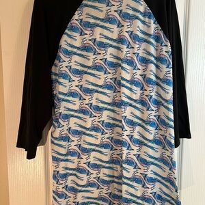 LuLaRoe Black Raglan Top with Blue Bird Print